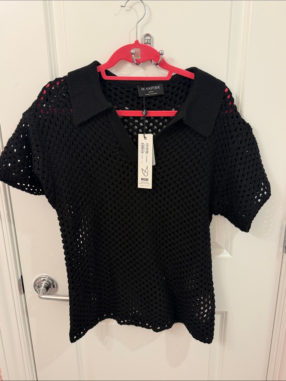 NWT MINKPINK Gayla crochet black short sleeve polo top size medium